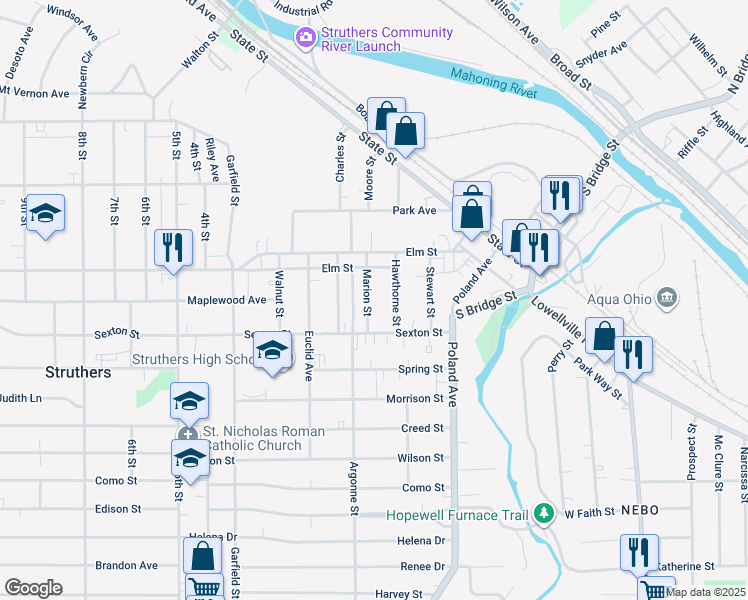 map of restaurants, bars, coffee shops, grocery stores, and more near 208 Marion Street in Struthers