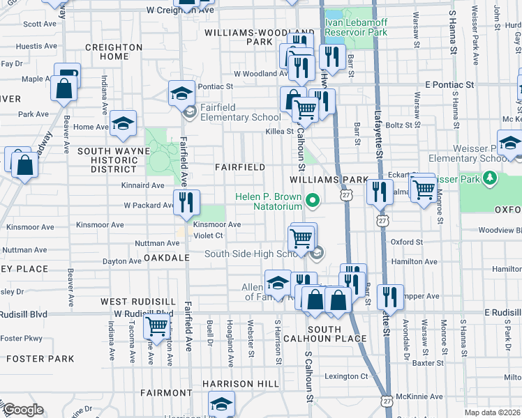 map of restaurants, bars, coffee shops, grocery stores, and more near 3306 Webster Street in Fort Wayne