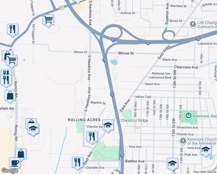map of restaurants, bars, coffee shops, grocery stores, and more near 1125 Jason Avenue in Akron