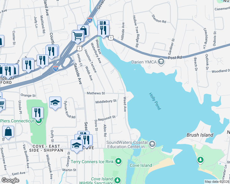 map of restaurants, bars, coffee shops, grocery stores, and more near 74 Mathews Street in Stamford