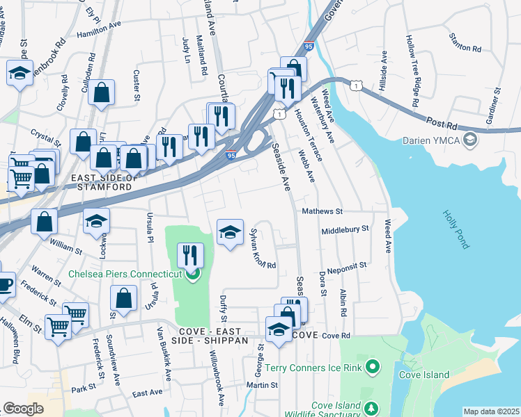 map of restaurants, bars, coffee shops, grocery stores, and more near 47 Hearthstone Court in Stamford