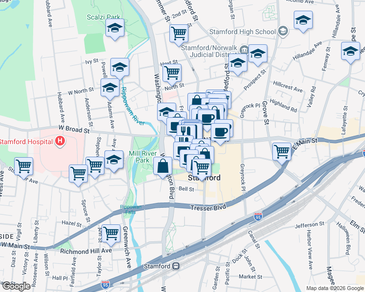 map of restaurants, bars, coffee shops, grocery stores, and more near 5 Broad Street in Stamford