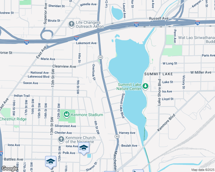 map of restaurants, bars, coffee shops, grocery stores, and more near 562 Leslie Avenue in Akron