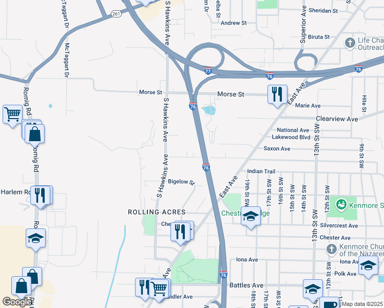 map of restaurants, bars, coffee shops, grocery stores, and more near 1125 Jason Avenue in Akron