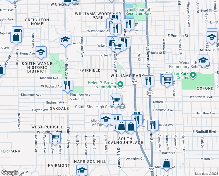map of restaurants, bars, coffee shops, grocery stores, and more near 3301 South Harrison Street in Fort Wayne