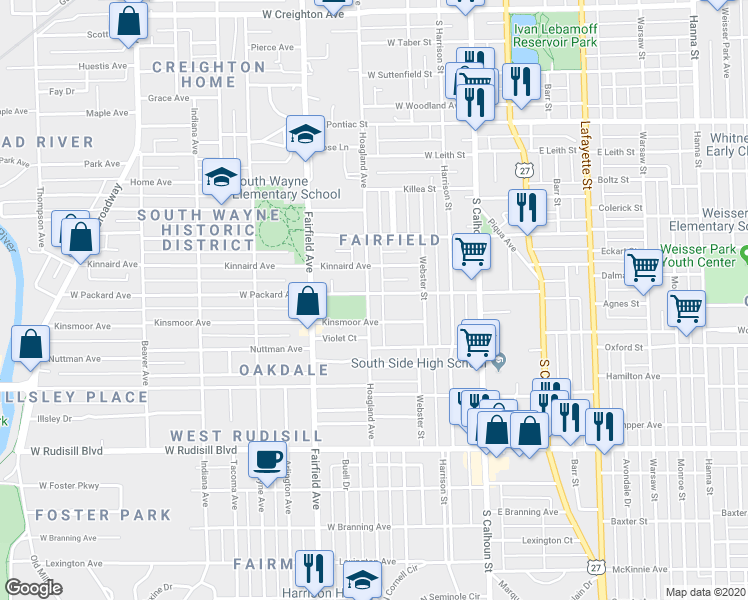map of restaurants, bars, coffee shops, grocery stores, and more near 339 West Packard Avenue in Fort Wayne