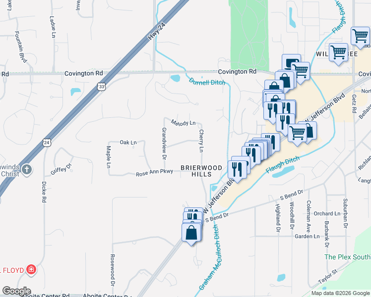 map of restaurants, bars, coffee shops, grocery stores, and more near 7113 Woodhue Lane in Fort Wayne