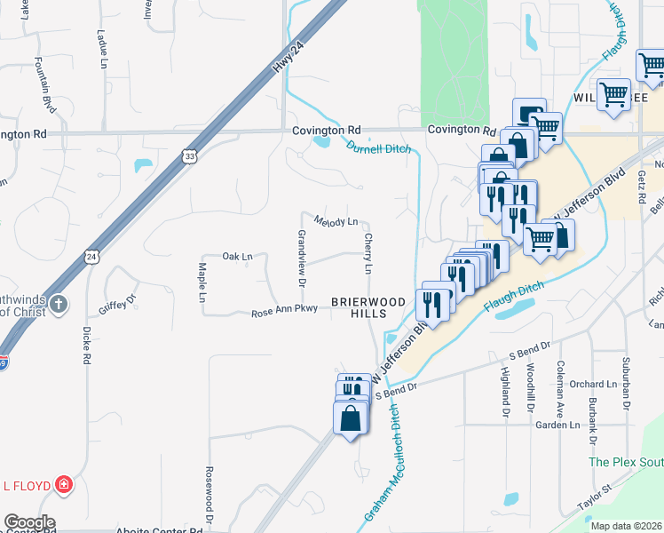 map of restaurants, bars, coffee shops, grocery stores, and more near 7113 Woodhue Lane in Fort Wayne