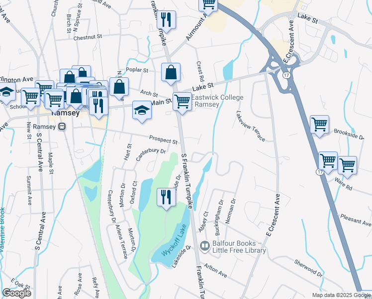 map of restaurants, bars, coffee shops, grocery stores, and more near 98 County Road 507 in Ramsey