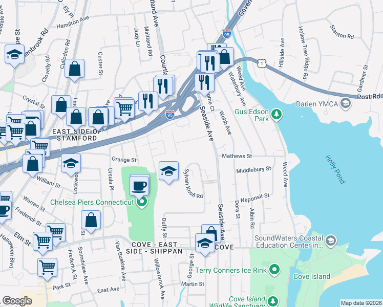 map of restaurants, bars, coffee shops, grocery stores, and more near 47 Hearthstone Court in Stamford