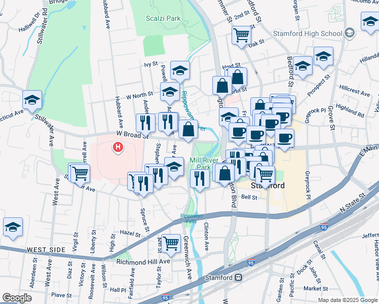 map of restaurants, bars, coffee shops, grocery stores, and more near 80 Mill River Street in Stamford
