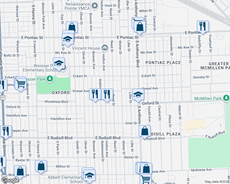 map of restaurants, bars, coffee shops, grocery stores, and more near 3301 Reed Street in Fort Wayne