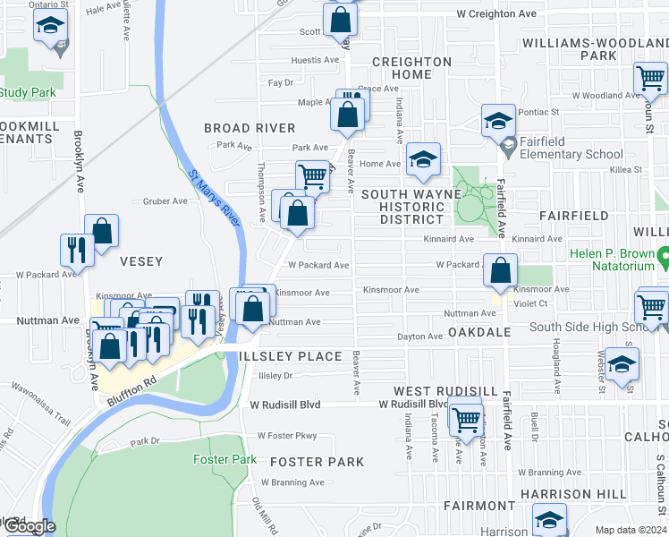 map of restaurants, bars, coffee shops, grocery stores, and more near 1121 West Packard Avenue in Fort Wayne