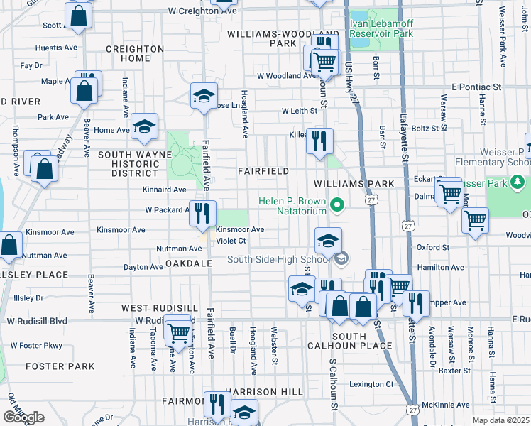 map of restaurants, bars, coffee shops, grocery stores, and more near 335 West Packard Avenue in Fort Wayne