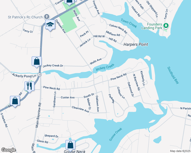 map of restaurants, bars, coffee shops, grocery stores, and more near 3145 Oaklawn Avenue in Southold