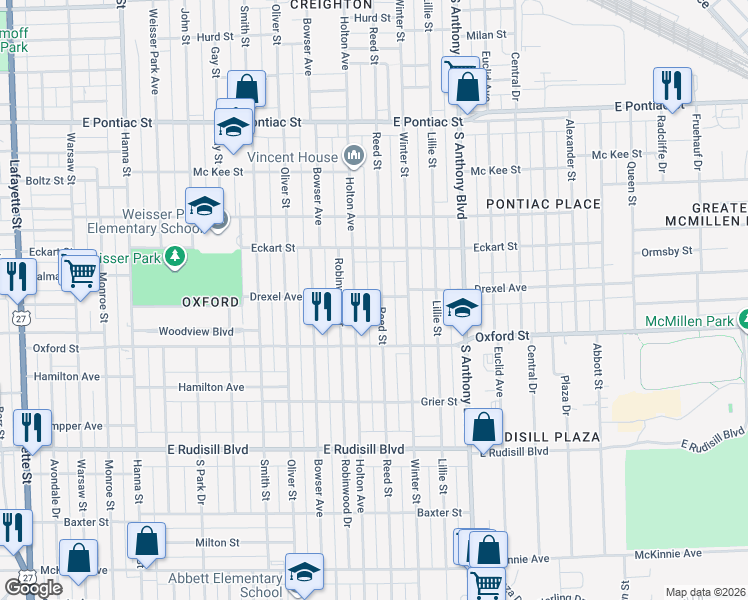 map of restaurants, bars, coffee shops, grocery stores, and more near 1434 Drexel Avenue in Fort Wayne