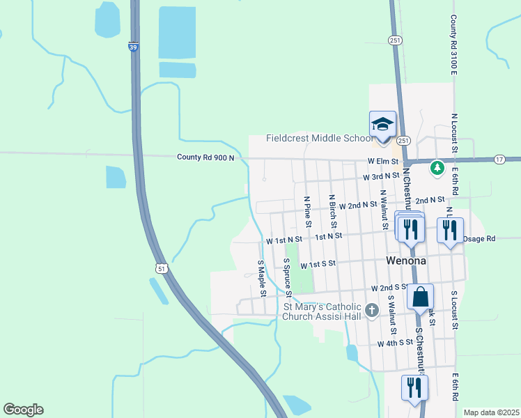 map of restaurants, bars, coffee shops, grocery stores, and more near 612 2nd North Street in Wenona