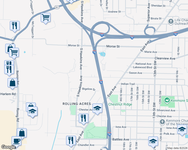 map of restaurants, bars, coffee shops, grocery stores, and more near 1125 Jason Avenue in Akron