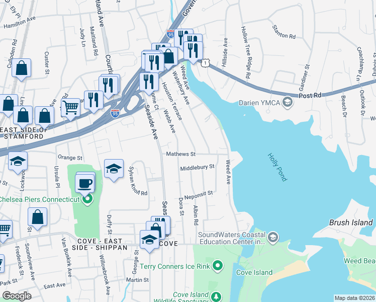 map of restaurants, bars, coffee shops, grocery stores, and more near 50 Mathews Street in Stamford