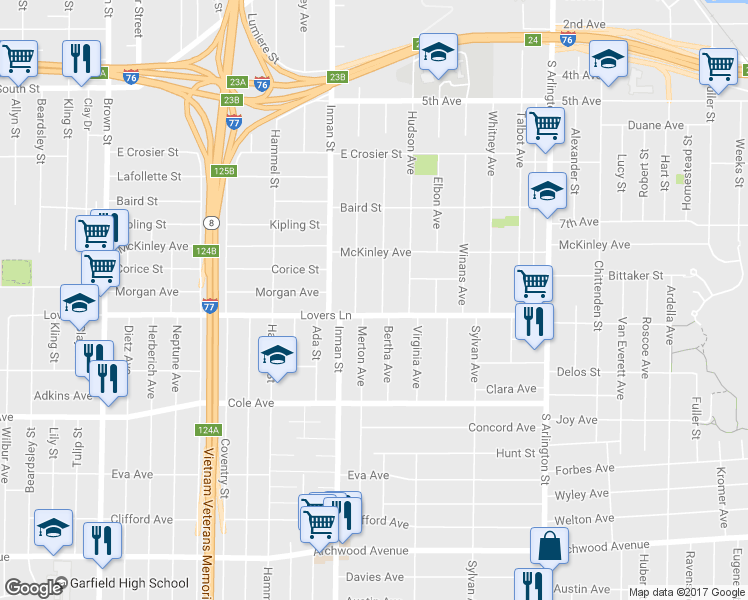 map of restaurants, bars, coffee shops, grocery stores, and more near 792 Bertha Avenue in Akron