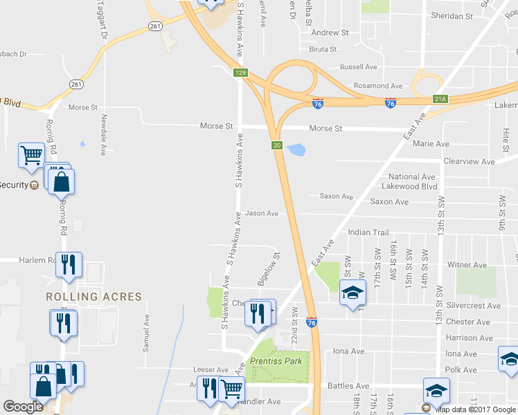 map of restaurants, bars, coffee shops, grocery stores, and more near 1165 Jason Ave in Akron