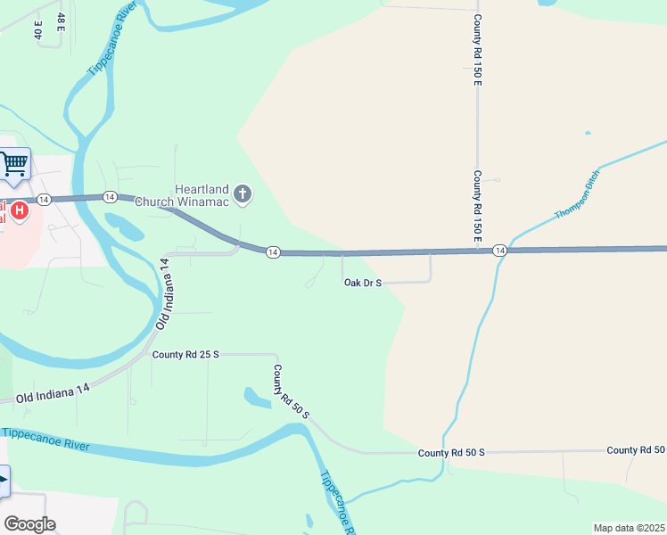map of restaurants, bars, coffee shops, grocery stores, and more near 1095 East State Road 14 in Winamac