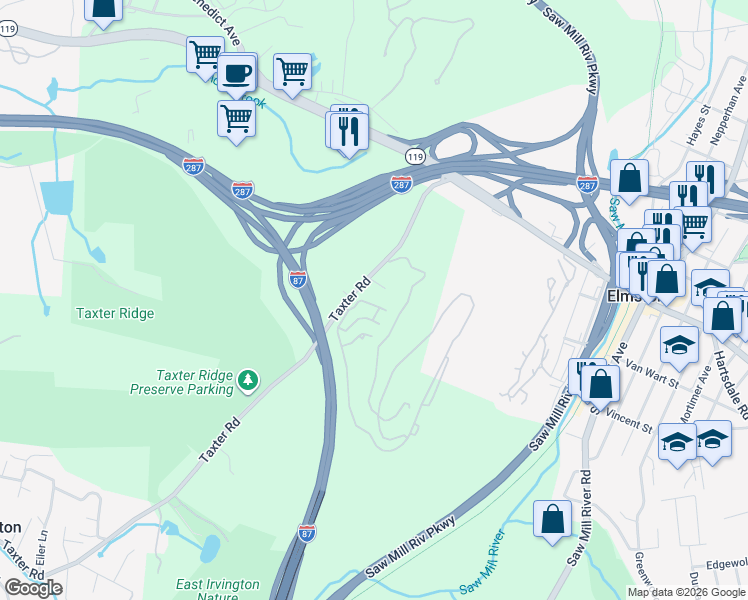 map of restaurants, bars, coffee shops, grocery stores, and more near 21 Town Green Drive in Elmsford