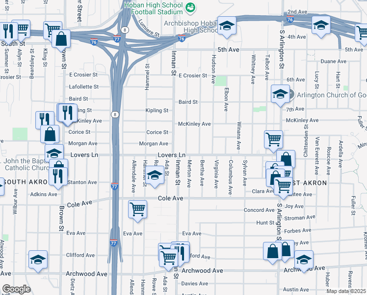 map of restaurants, bars, coffee shops, grocery stores, and more near 832 Merton Avenue in Akron
