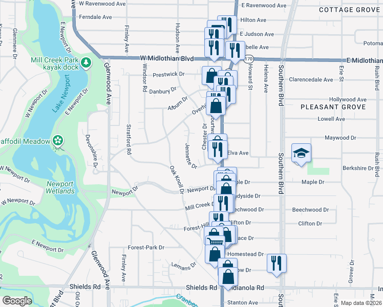 map of restaurants, bars, coffee shops, grocery stores, and more near 98 Jennette Drive in Youngstown