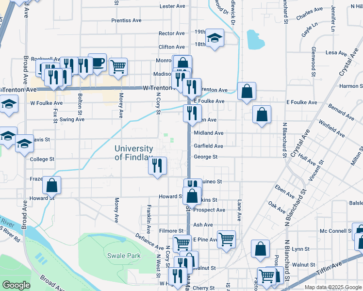 map of restaurants, bars, coffee shops, grocery stores, and more near 1100 North Main Street in Findlay