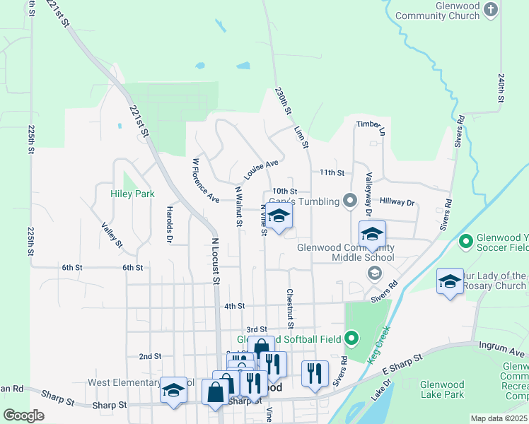 map of restaurants, bars, coffee shops, grocery stores, and more near 901 North Vine Street in Glenwood