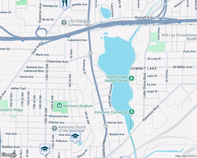 map of restaurants, bars, coffee shops, grocery stores, and more near 562 Leslie Ave in Akron