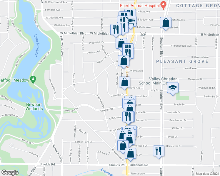 map of restaurants, bars, coffee shops, grocery stores, and more near 98 Jennette Dr in Youngstown