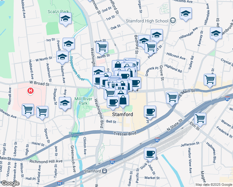 map of restaurants, bars, coffee shops, grocery stores, and more near 229 Summer Street in Stamford