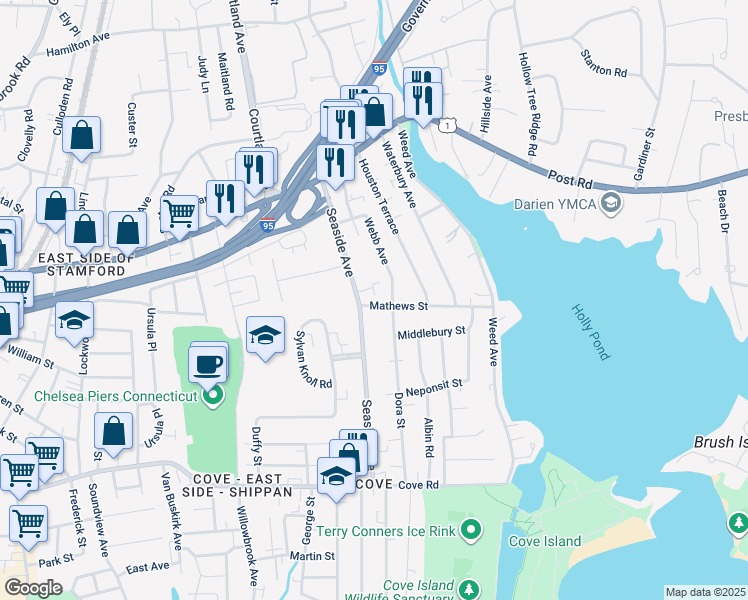 map of restaurants, bars, coffee shops, grocery stores, and more near 8 Mathews Street in Stamford