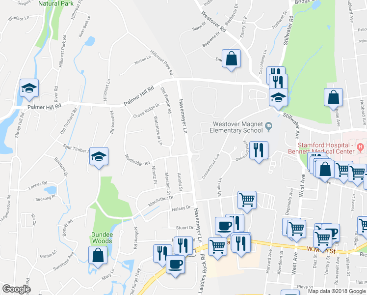 map of restaurants, bars, coffee shops, grocery stores, and more near 74 Havemeyer Lane in Greenwich