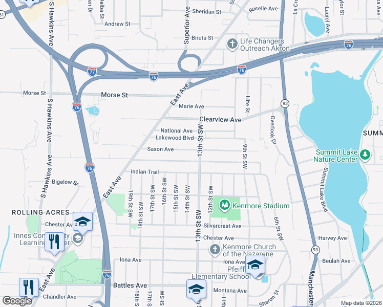 map of restaurants, bars, coffee shops, grocery stores, and more near 878 Saxon Ave in Akron