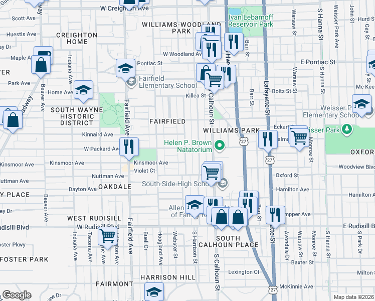 map of restaurants, bars, coffee shops, grocery stores, and more near 3306 Webster Street in Fort Wayne