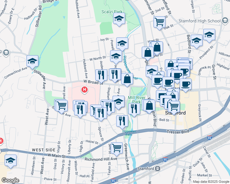 map of restaurants, bars, coffee shops, grocery stores, and more near 24 Oak Hill Street in Stamford