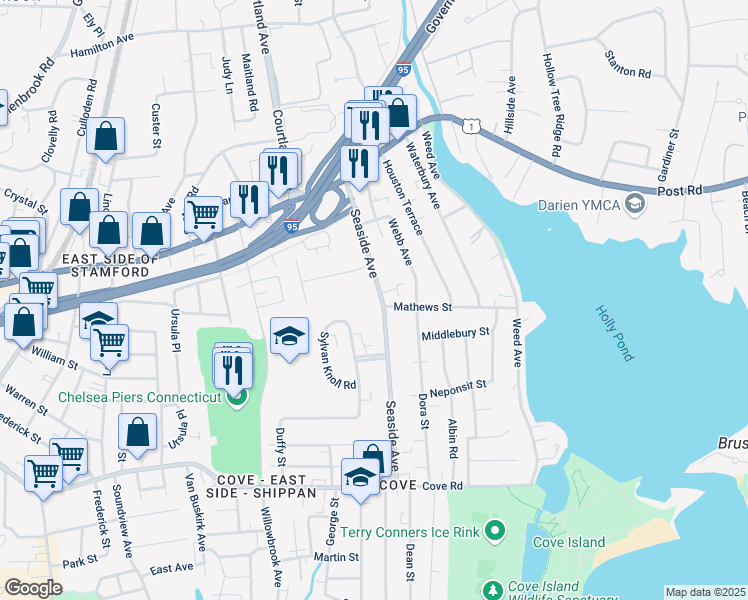 map of restaurants, bars, coffee shops, grocery stores, and more near 113 Seaside Avenue in Stamford