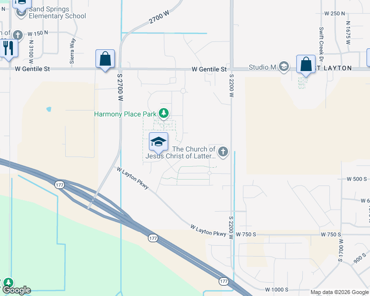 map of restaurants, bars, coffee shops, grocery stores, and more near 355 Sunburst Drive in Layton