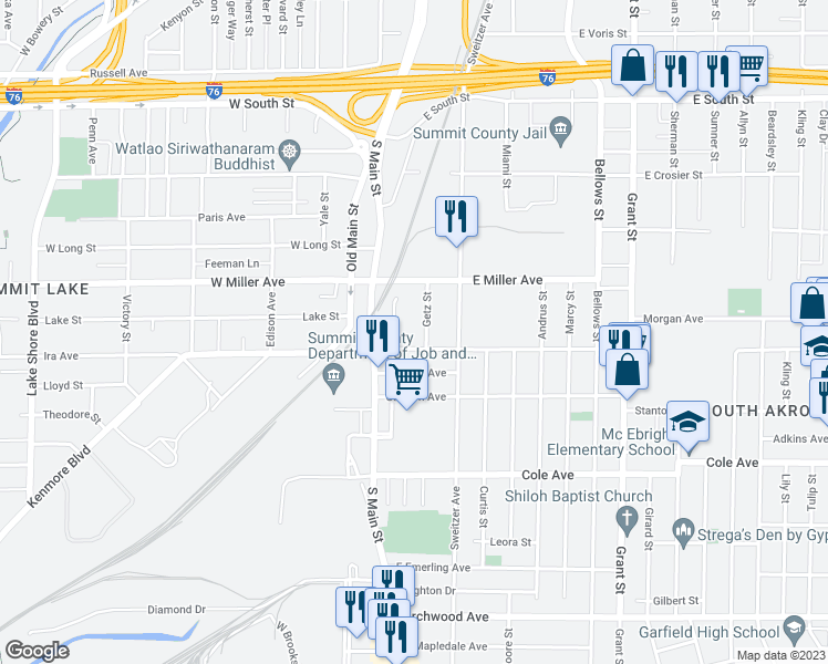 map of restaurants, bars, coffee shops, grocery stores, and more near 65 Steiner Avenue in Akron