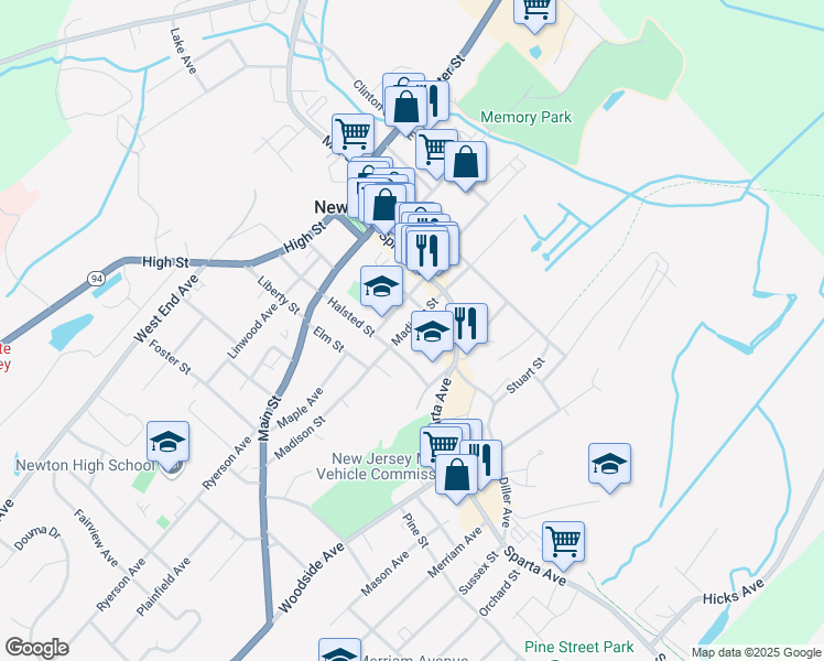 map of restaurants, bars, coffee shops, grocery stores, and more near 19 Madison Street in Newton