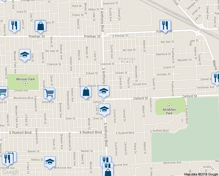 map of restaurants, bars, coffee shops, grocery stores, and more near 1816 Drexel Avenue in Fort Wayne