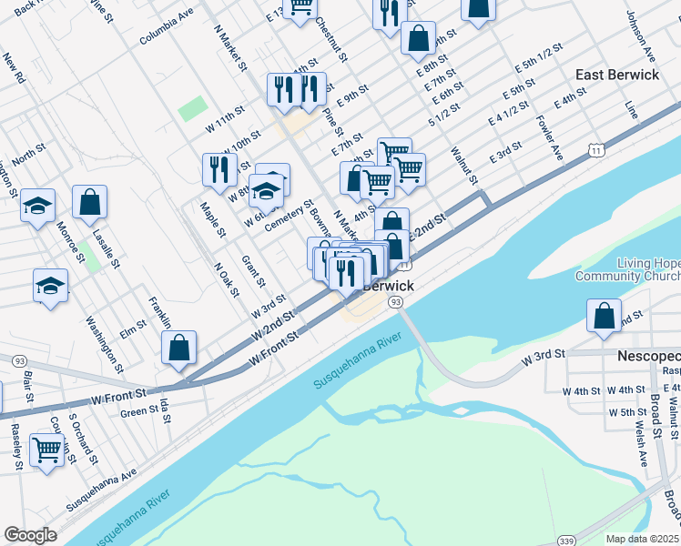 map of restaurants, bars, coffee shops, grocery stores, and more near 210212 North Mulberry Street in Berwick
