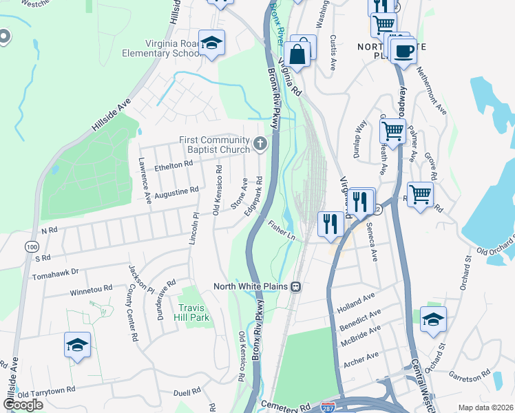 map of restaurants, bars, coffee shops, grocery stores, and more near 50 Fisher Lane in White Plains