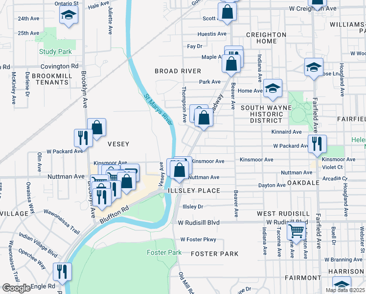 map of restaurants, bars, coffee shops, grocery stores, and more near 1317 West Packard Avenue in Fort Wayne