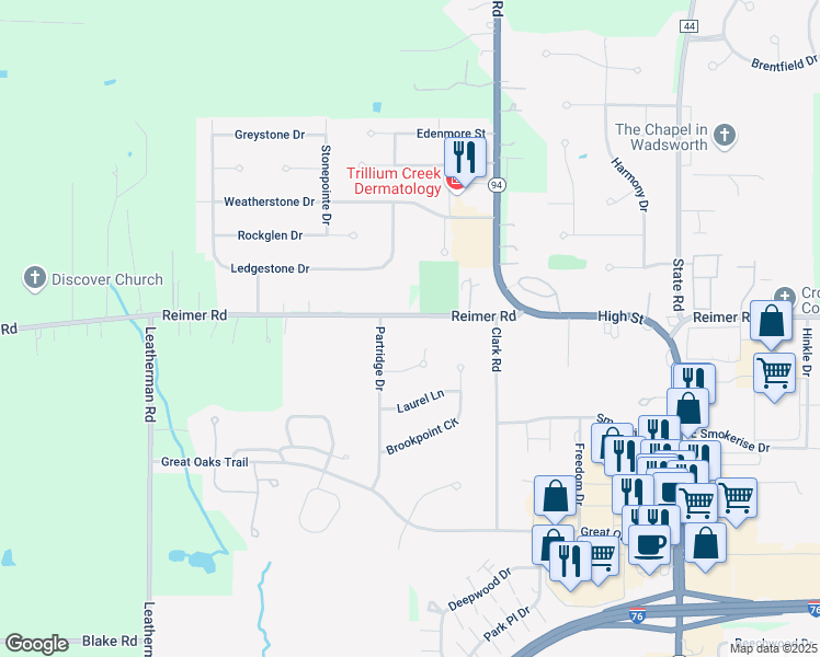 map of restaurants, bars, coffee shops, grocery stores, and more near 1430 Reimer Road in Wadsworth