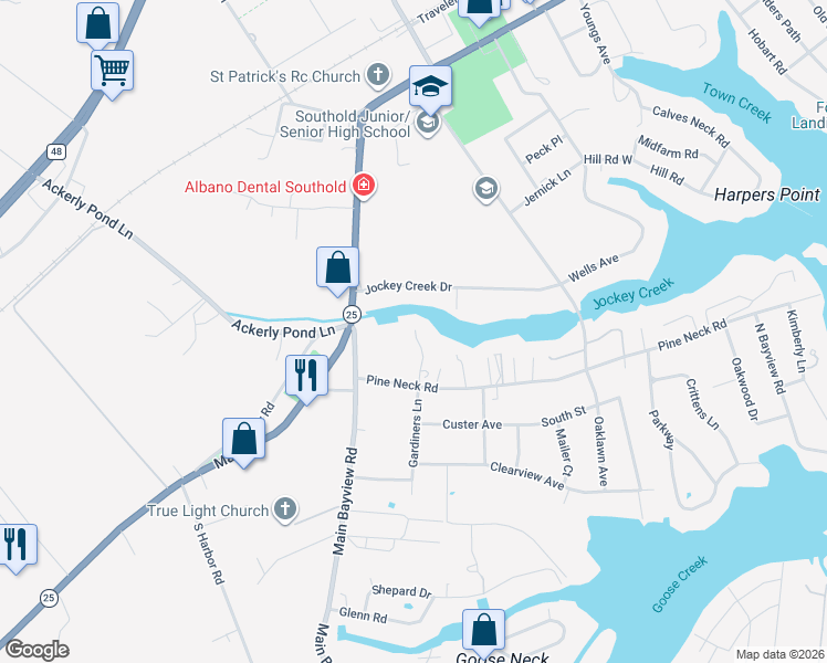 map of restaurants, bars, coffee shops, grocery stores, and more near 647 Pine Neck Road in Southold