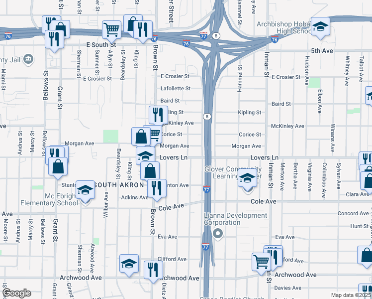 map of restaurants, bars, coffee shops, grocery stores, and more near 600 Morgan Avenue in Akron